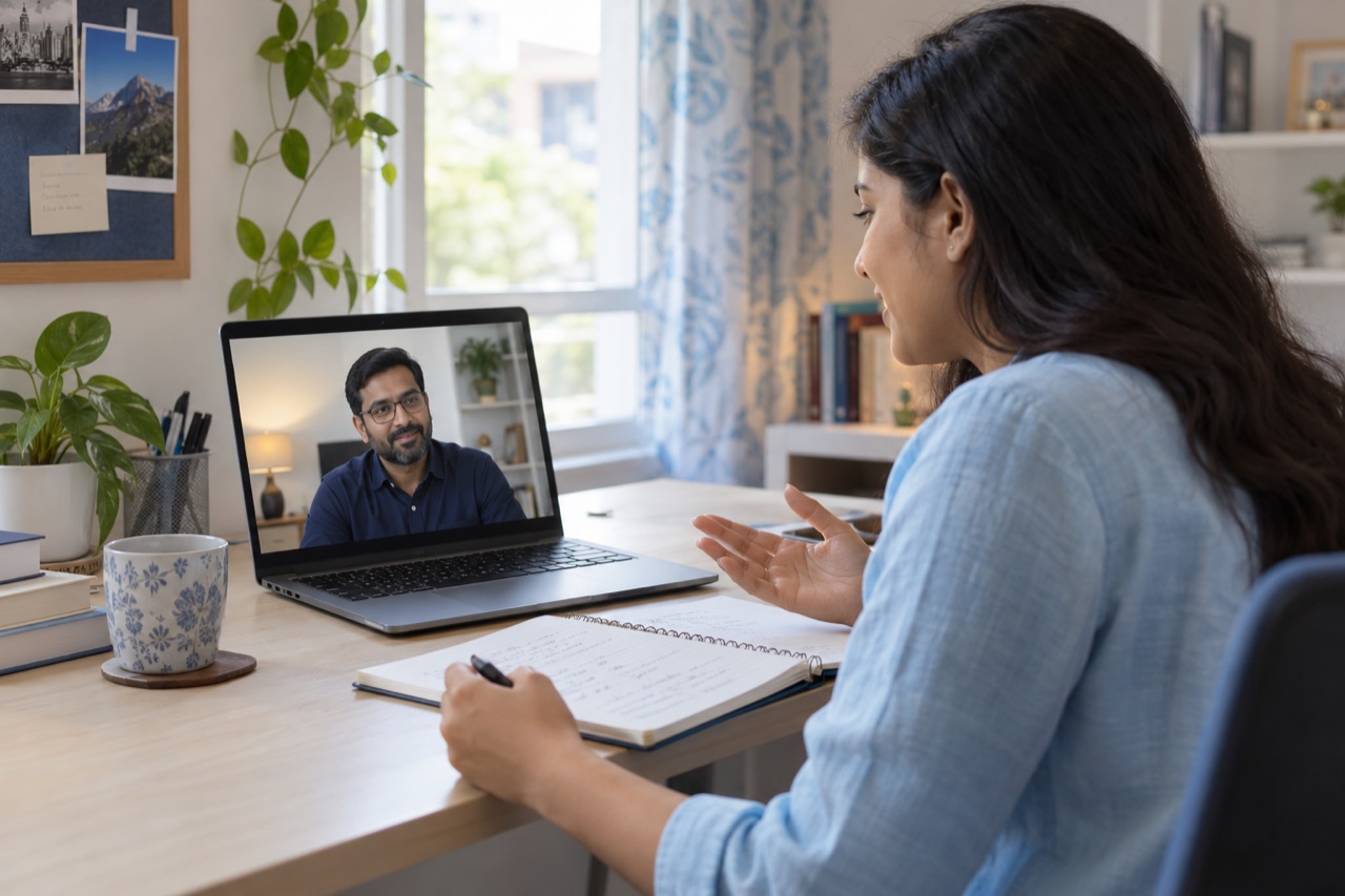 Illustration of a student discussing her answers with an industry expert on a video call