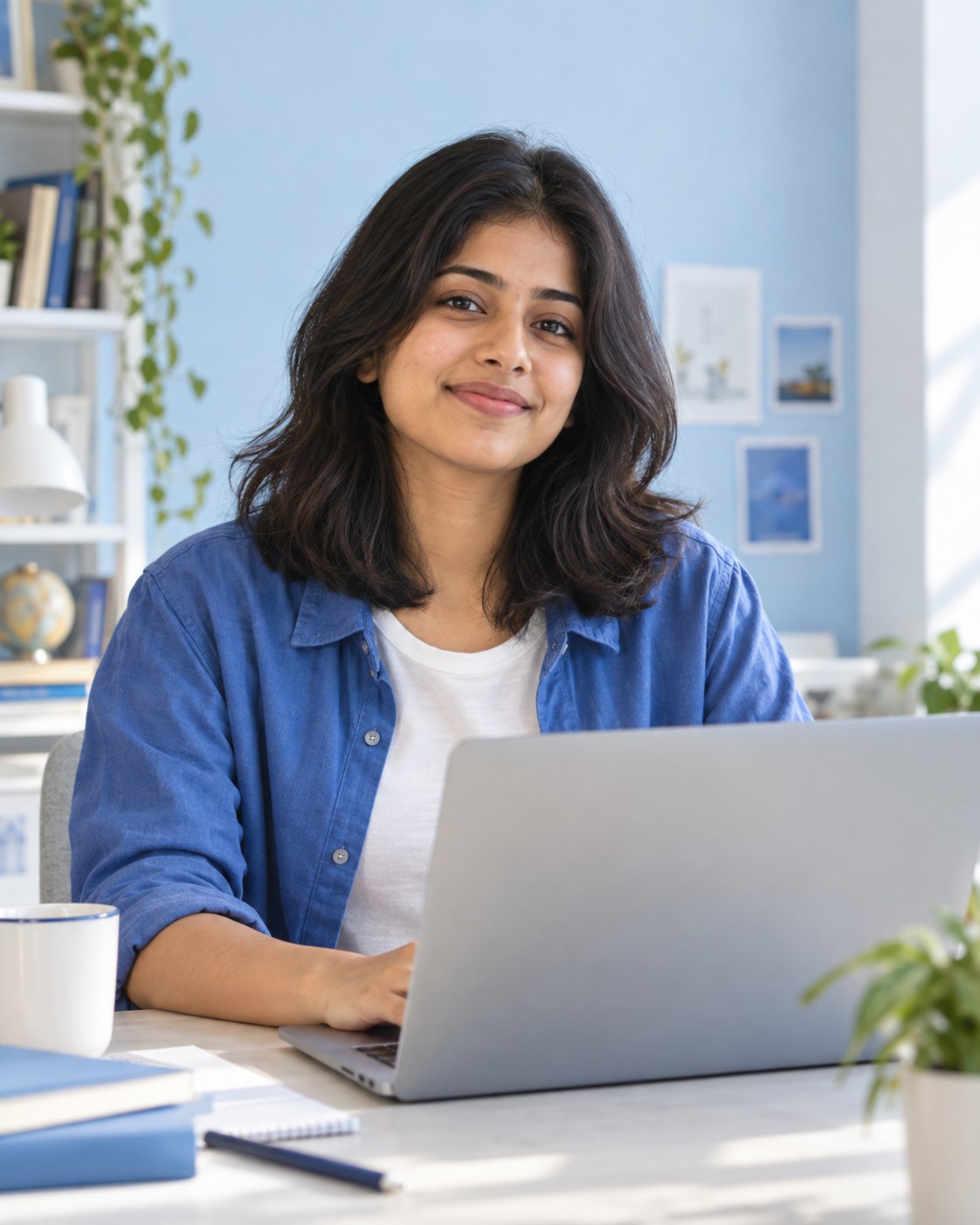 A student sitting confidently at her laptop